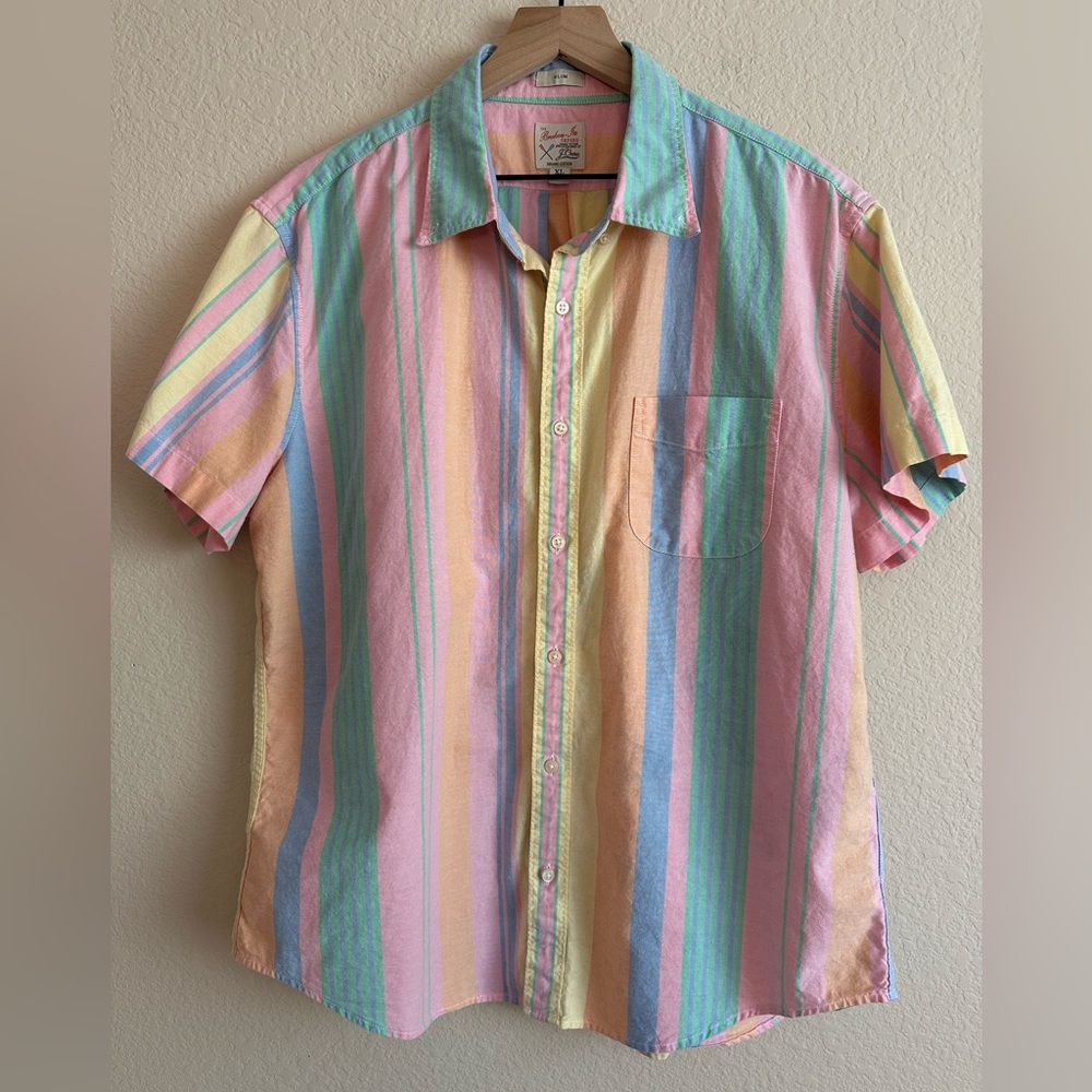 J Crew Broken In Oxford Mens XL Slim Pastel Striped Button Up Short Sleeve Shirt